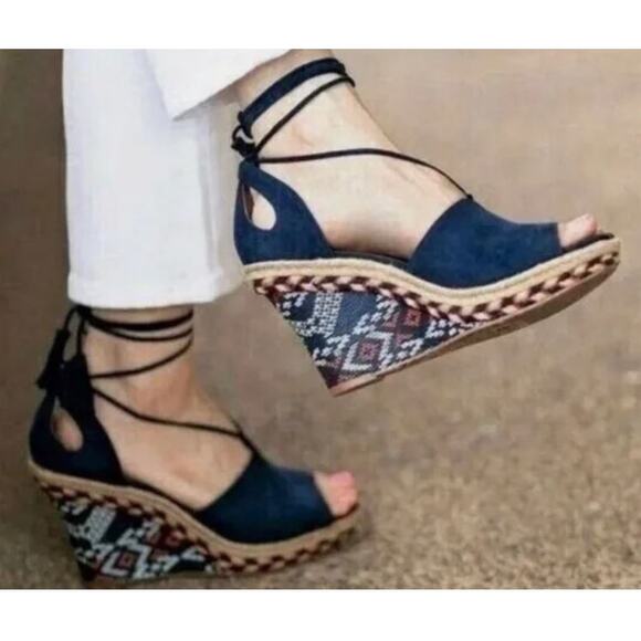 Cabi Women's Sz 8 Isla Navy Orange Espadrille Wedge Suede Sandals Ankle Wrap - Picture 1 of 10